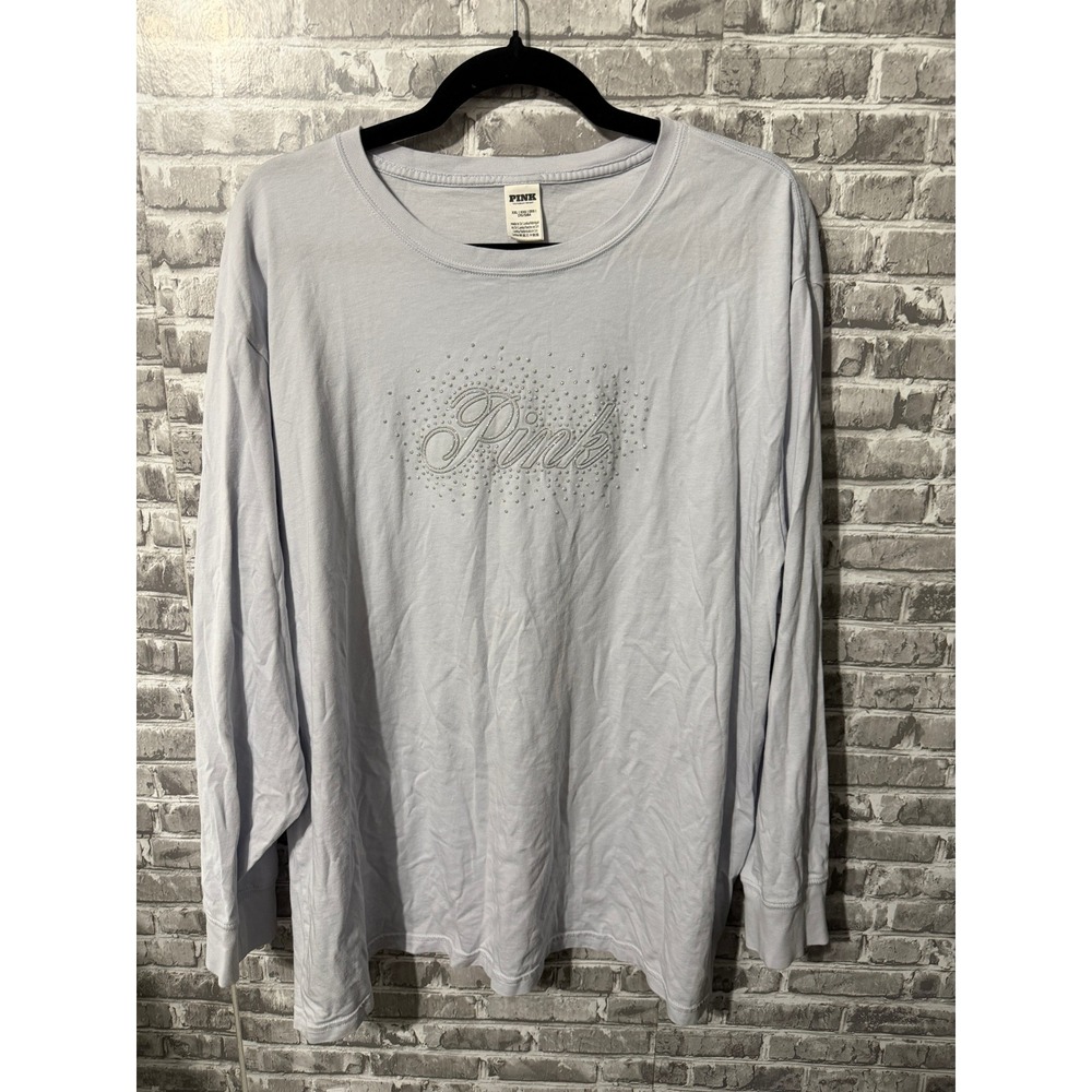 PINK Victoria's Secret Long Sleeve T-Shirt Light Blue Rhinestone Logo XXL